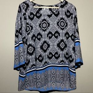 Cato Wide Sleeve Blouse Women Medium Black Gray Geometric White Contrast Trim
